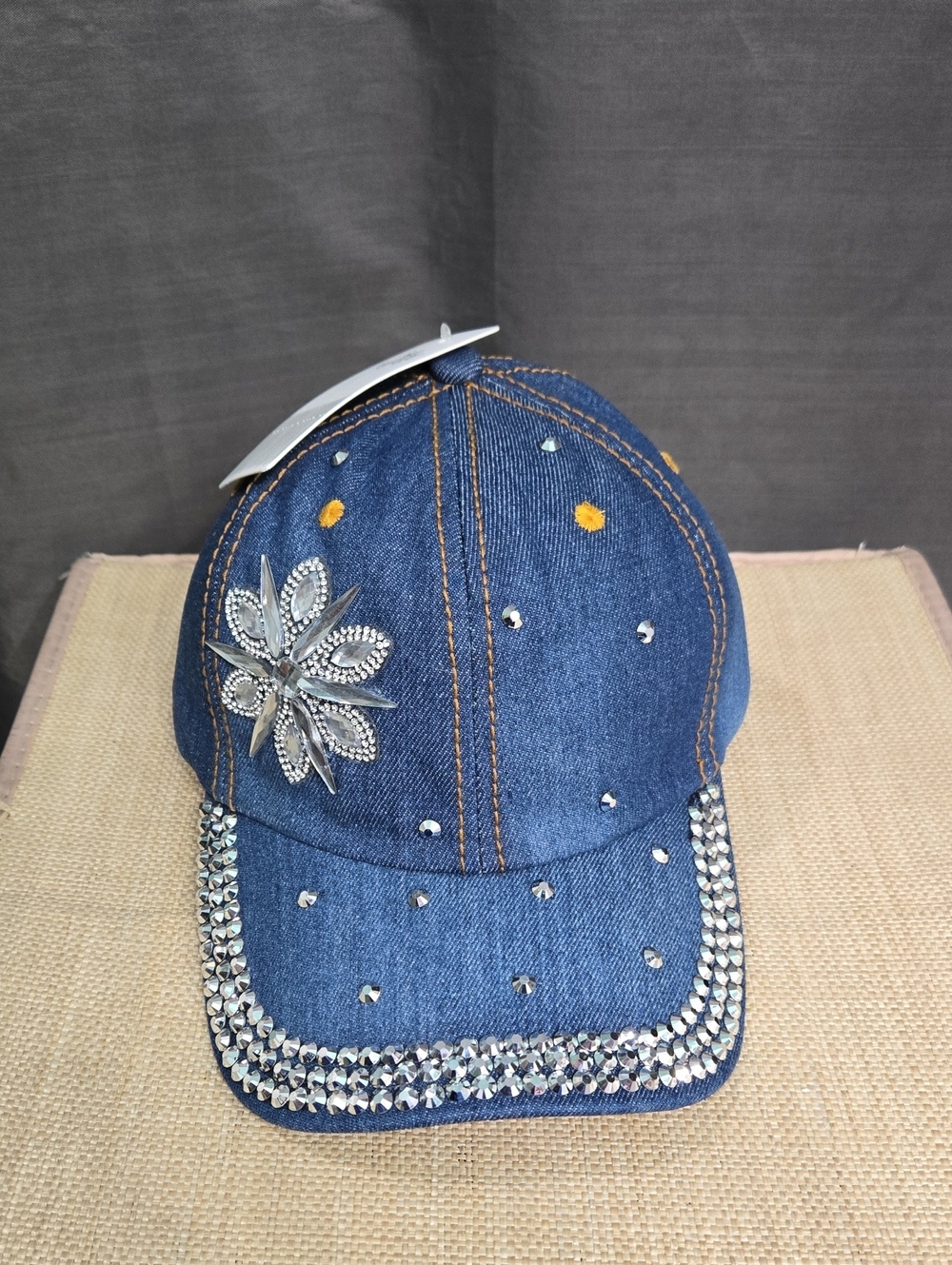 WEEKEND SALE!Embellished Denim Baseball Cap with Rhinestone Floral Accent